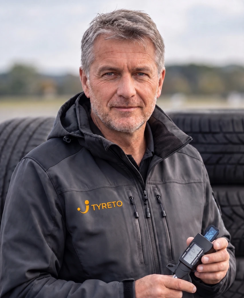 Nezávislé testování pneumatik — expert Tyreto s měřidlem hloubky dezénu